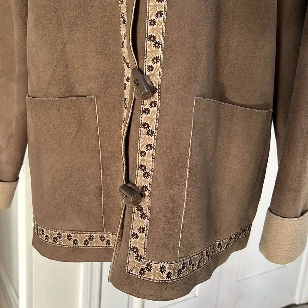 Alfred Dunner Womens Faux Suede Jacket Brown Embroidered Cottagecore‎ Size 12